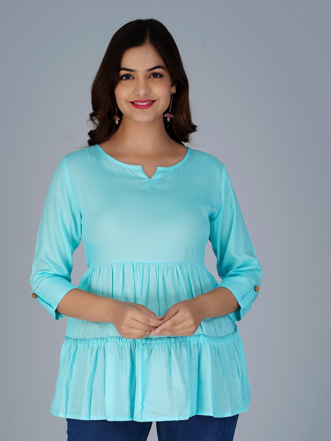 

NEW4U Three-Quarter Sleeves Longline Tiered Top, Blue