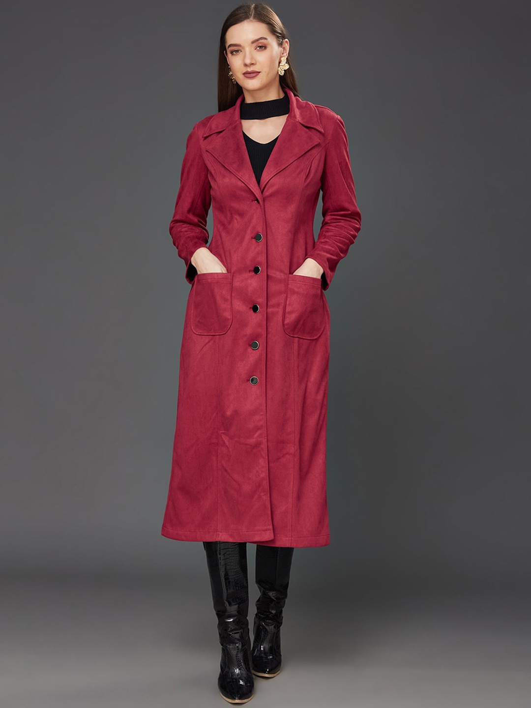 

Miss Chase Notched Lapel Collar Suede Longline Overcoat, Red