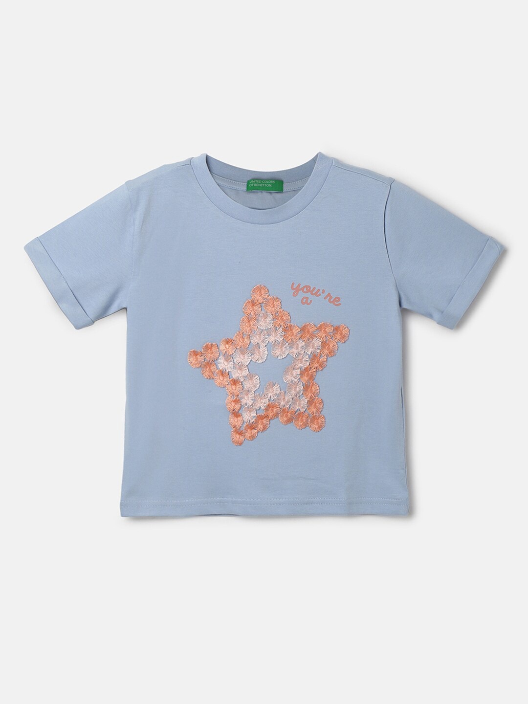 United Colors of Benetton Girls Printed Pure Cotton Applique T-shirt, Blue