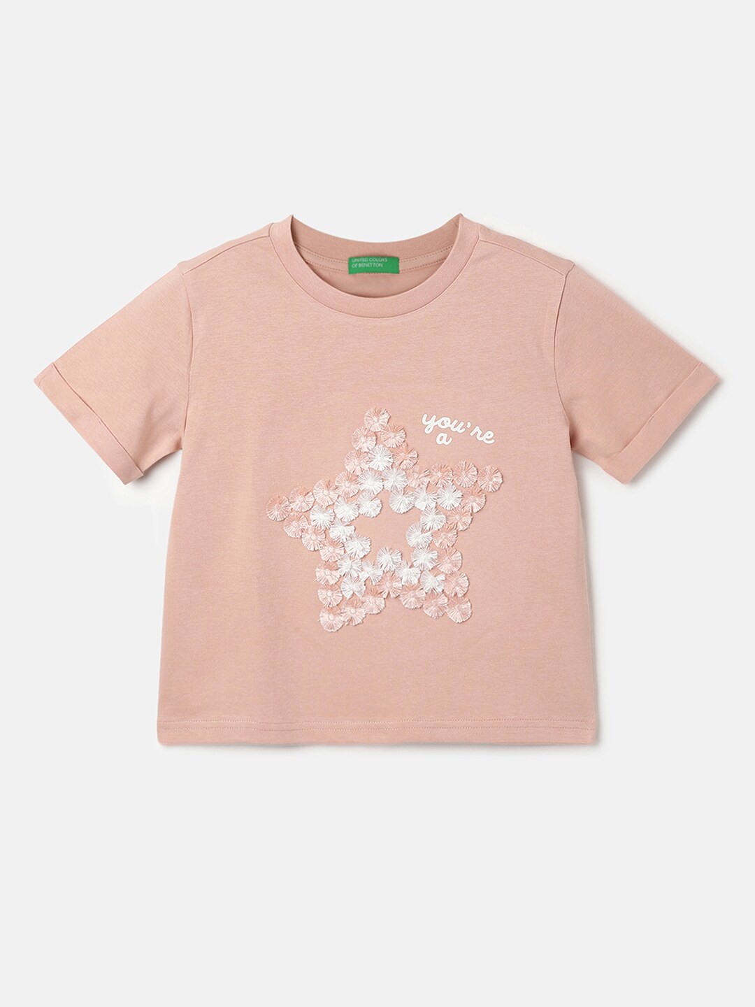

United Colors of Benetton Girls Printed Round Neck Short Sleeves Pure Cotton T-shirt, Pink