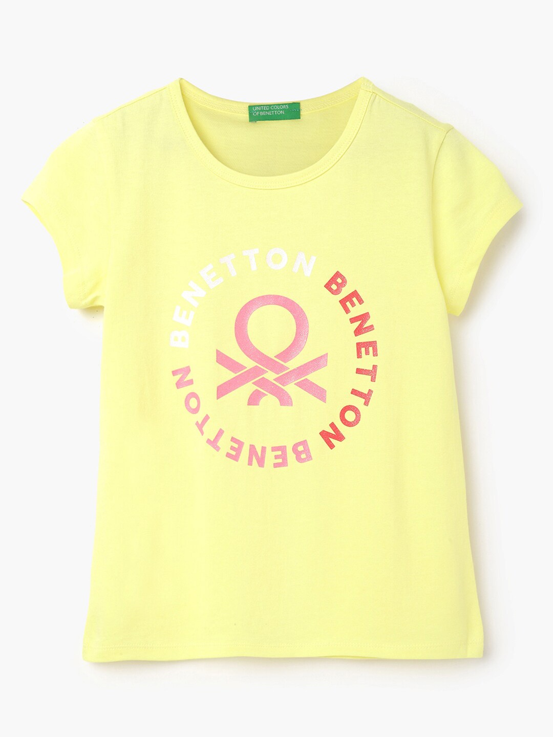 

United Colors of Benetton Girls Typography Printed Pure Cotton T-shirt, Yellow