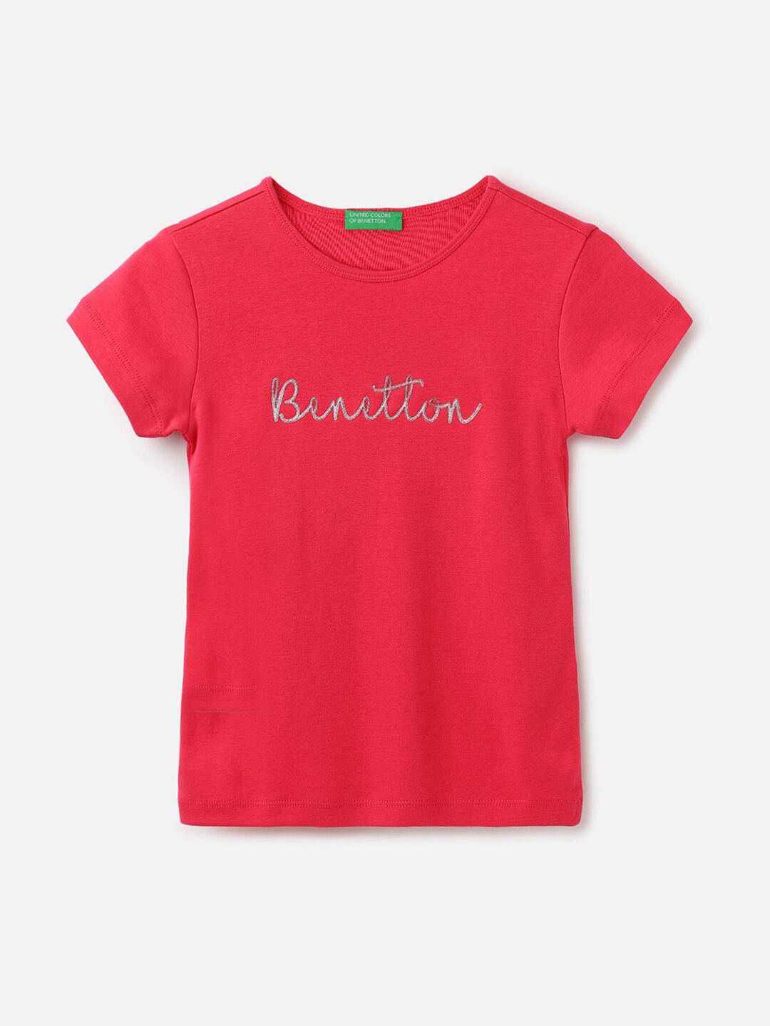 

United Colors of Benetton Girls Typography Printed Pure Cotton T-shirt, Red