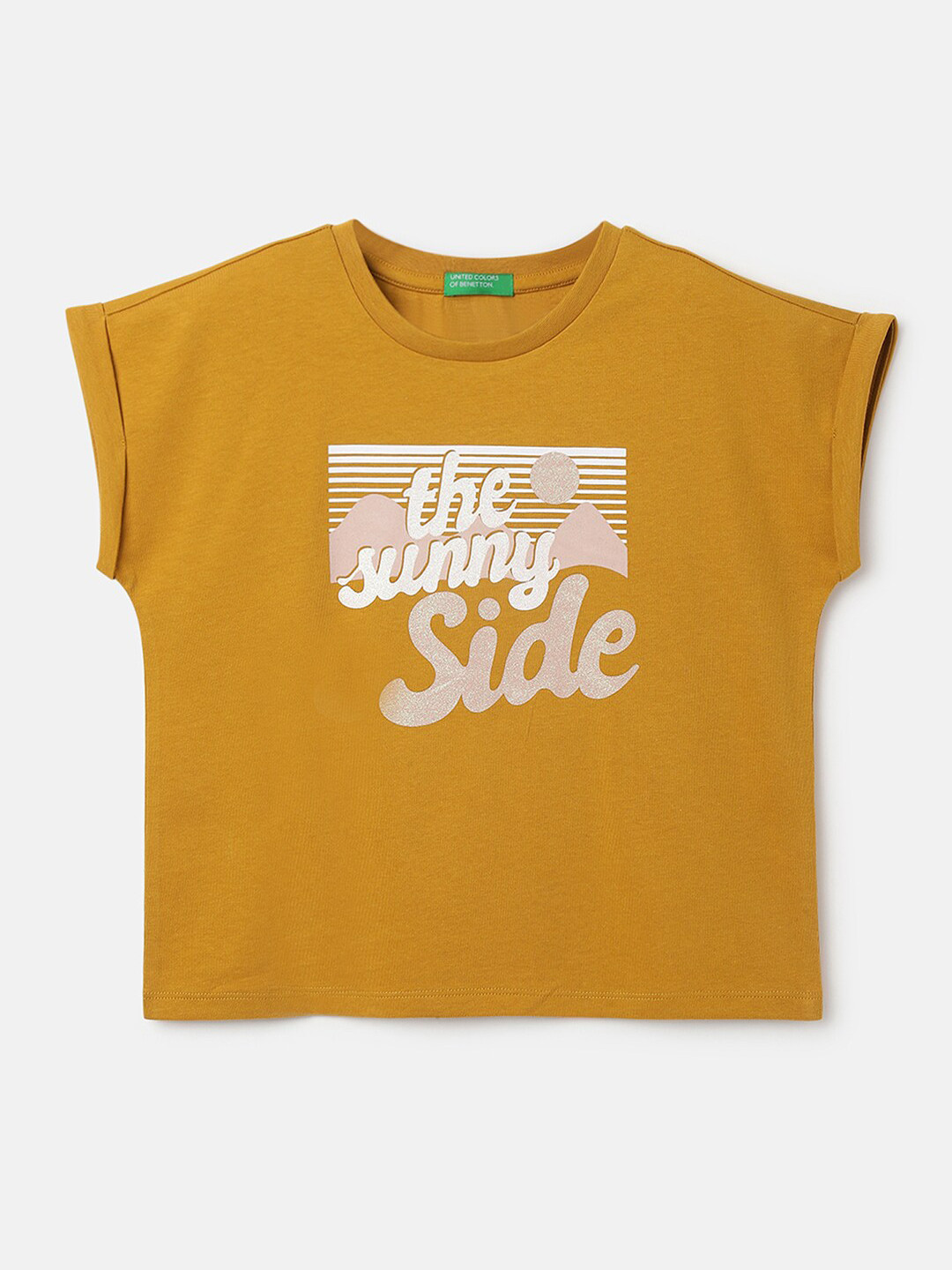 

United Colors of Benetton Girls Typography Printed Pure Cotton T-shirt, Yellow