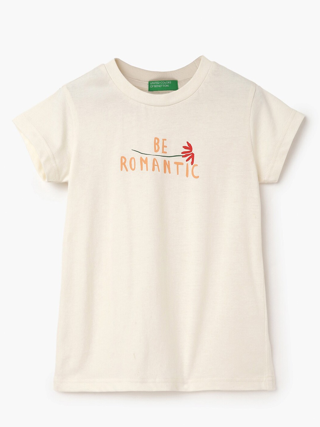 

United Colors of Benetton Girls Typography Printed Pure Cotton T-shirt, Cream