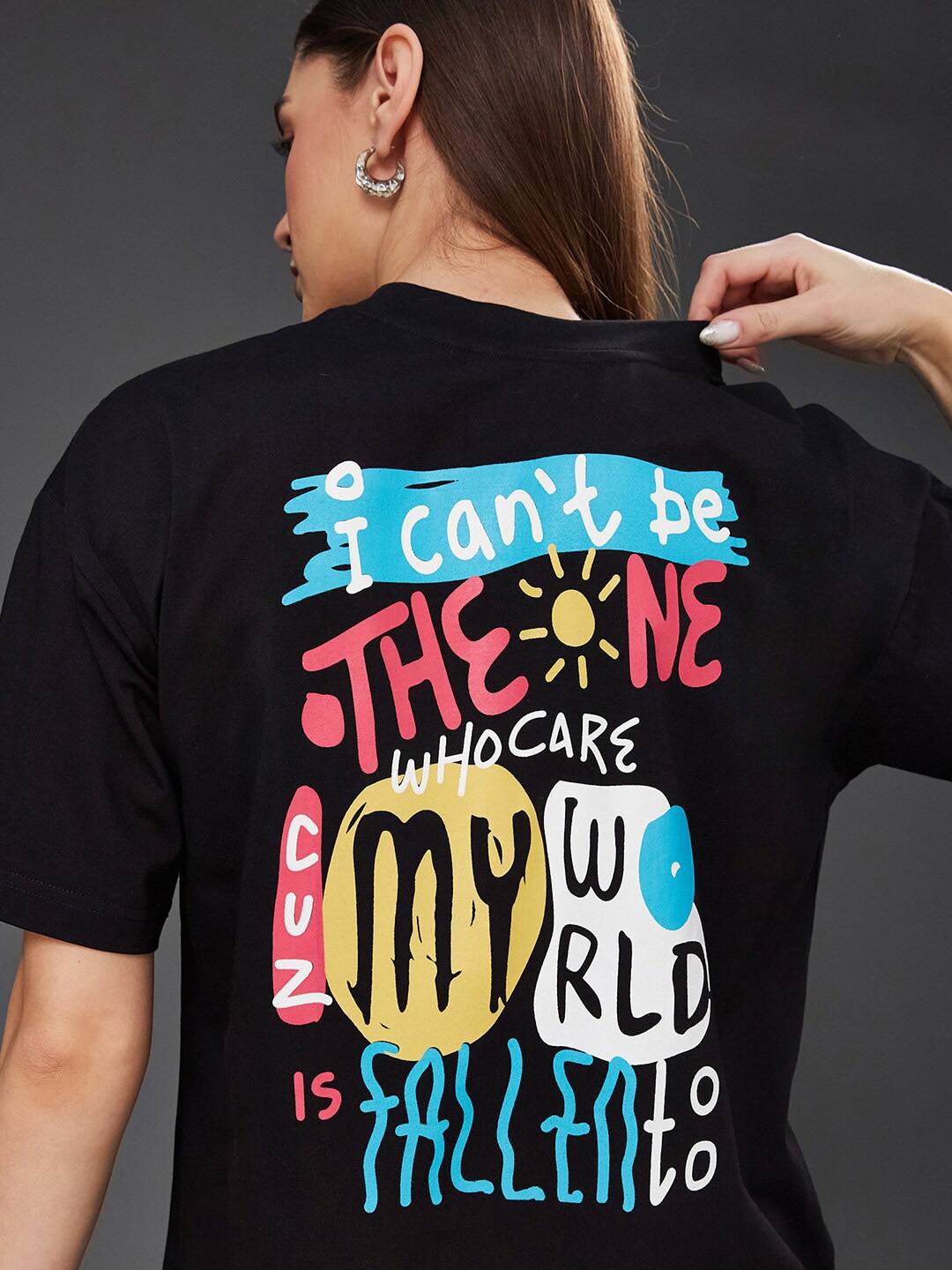

Miss Chase Typography Printed Drop-Shoulder Sleeves Pure Cotton Oversized T-shirt, Black