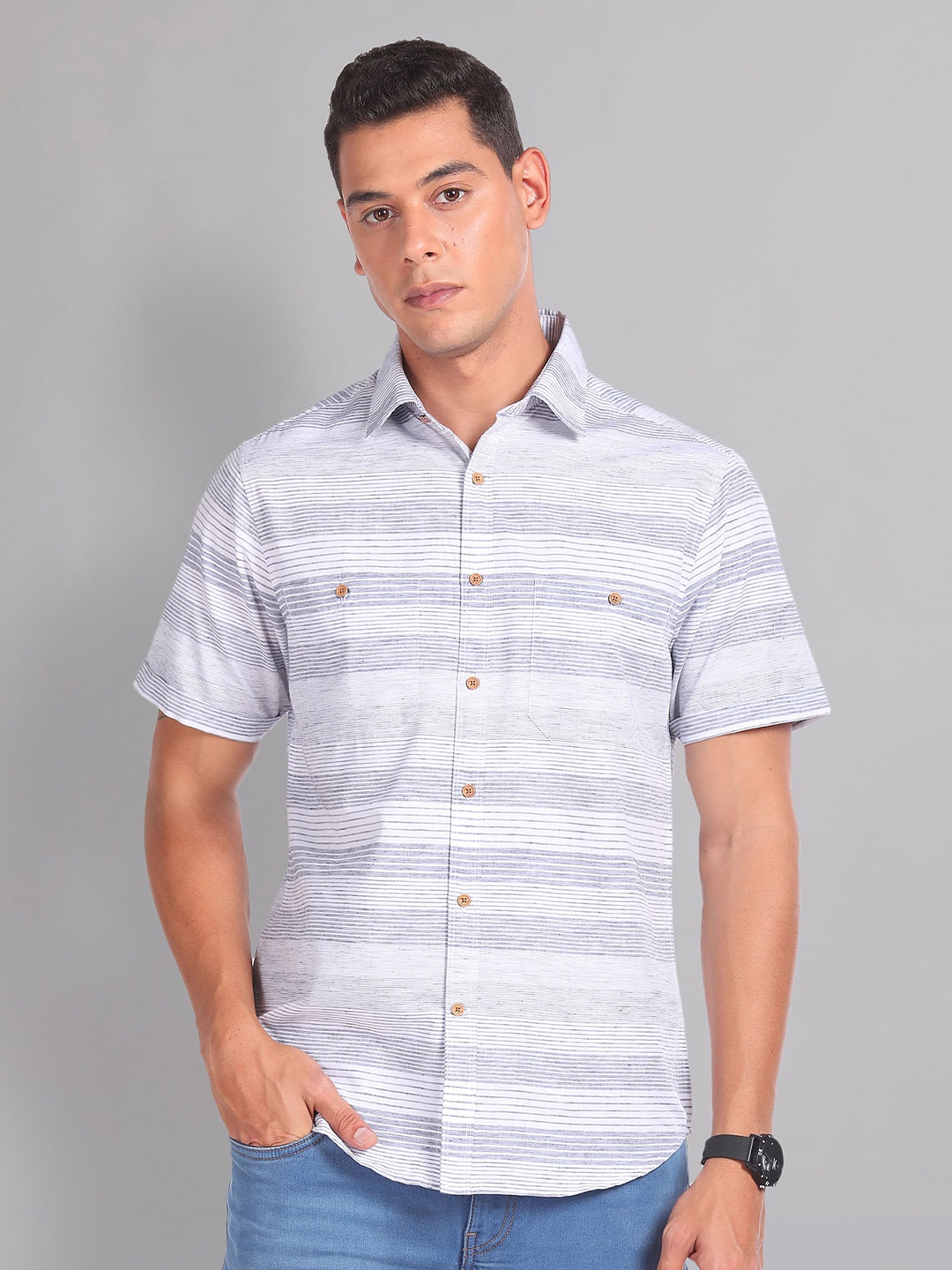 

AD By Arvind Slim Fit Horizontal Striped Cotton Casual Shirt, Grey