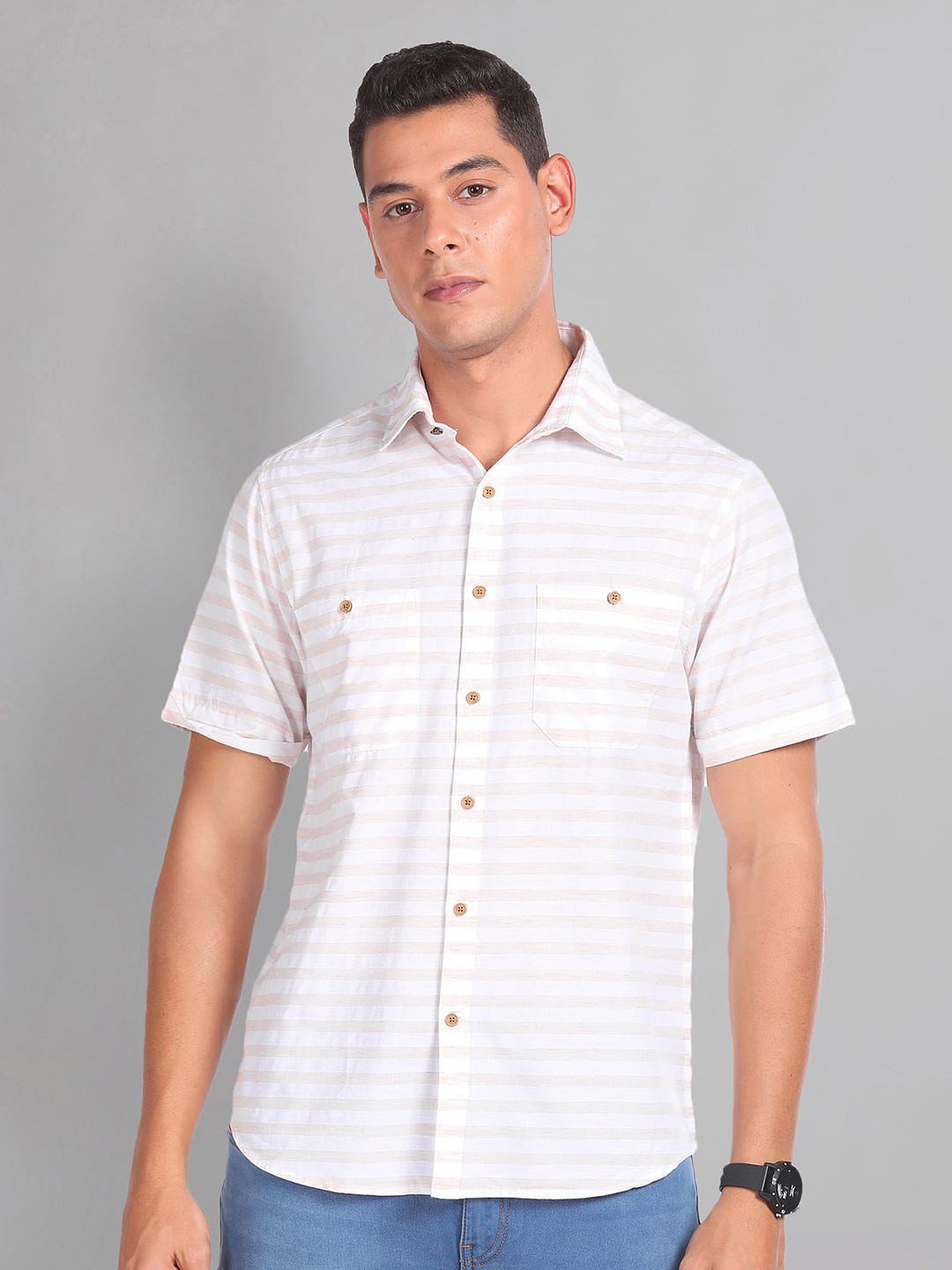 

AD By Arvind Horizontal Striped Dual Pocket Slim Fit Casual Shirt, Beige