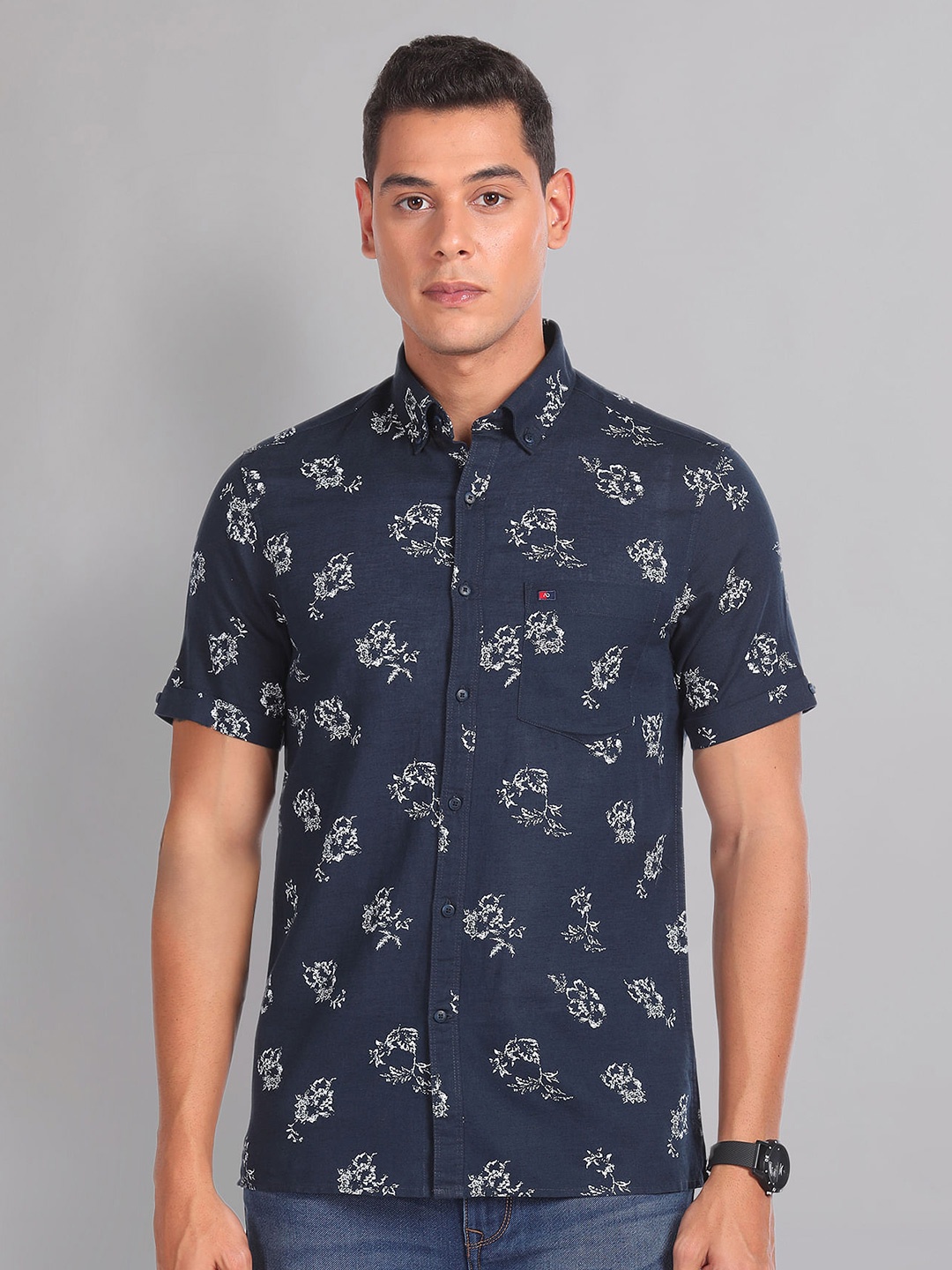 

AD By Arvind Floral Printed Button-Down Collar Slim Fit Casual Shirt, Blue