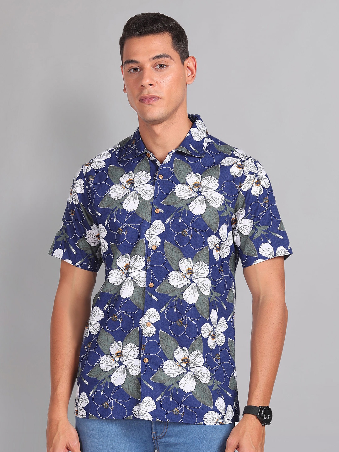 

AD By Arvind Floral Printed Cutaway Collar Slim Fit Casual Shirt, Blue