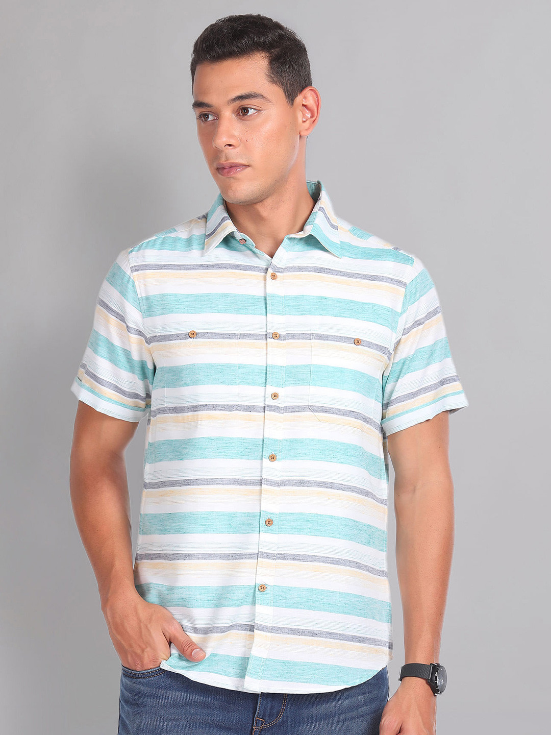 

AD By Arvind Slim Fit Horizontal Stripes Cotton Casual Shirt, Blue