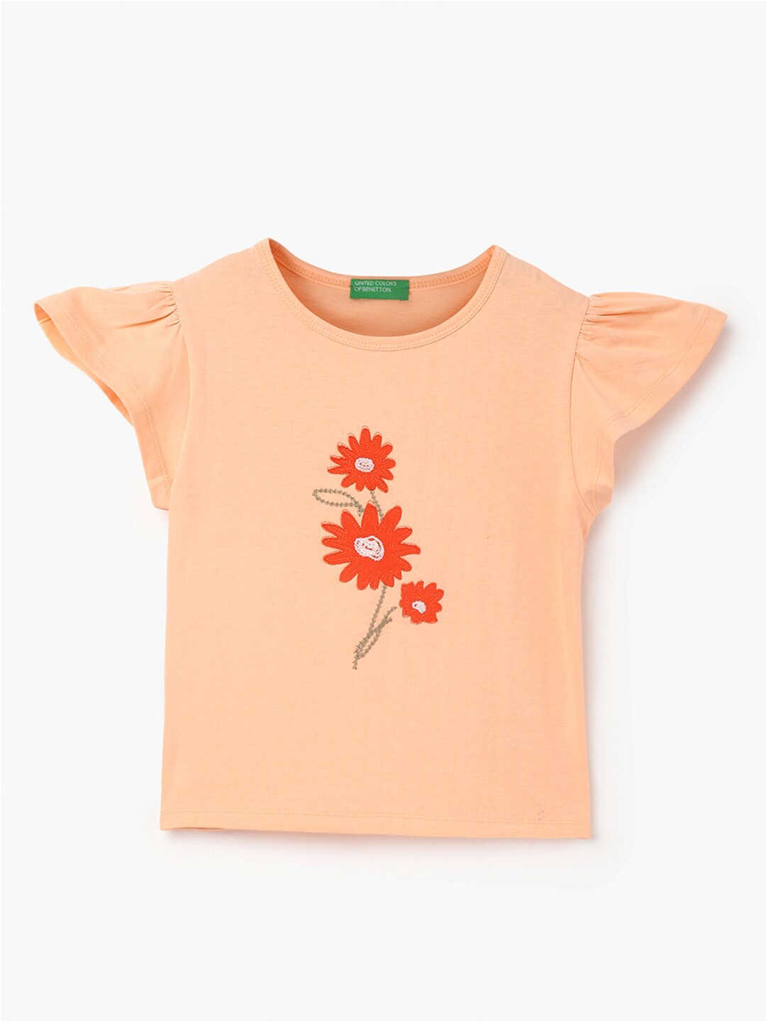 

United Colors of Benetton Floral Print Flutter Sleeve Cotton Top, Pink