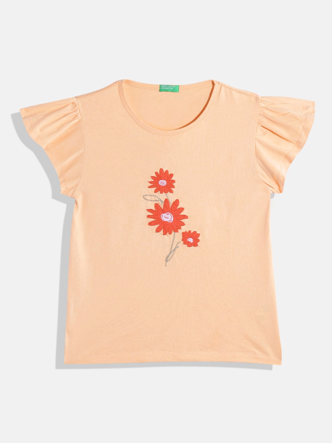 

United Colors of Benetton Girls Floral Applique Flutter Sleeve Cotton Top, Orange