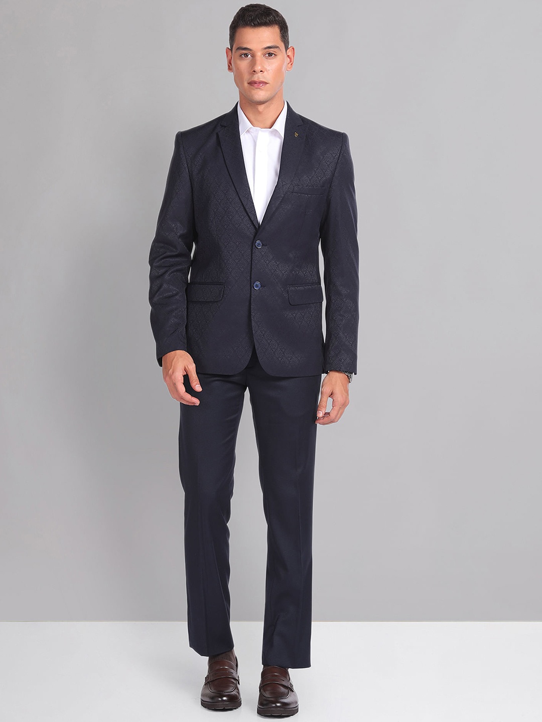 

AD By Arvind Tailored Fit Self Design Single-Breasted 2 Piece Formal Suit, Navy blue