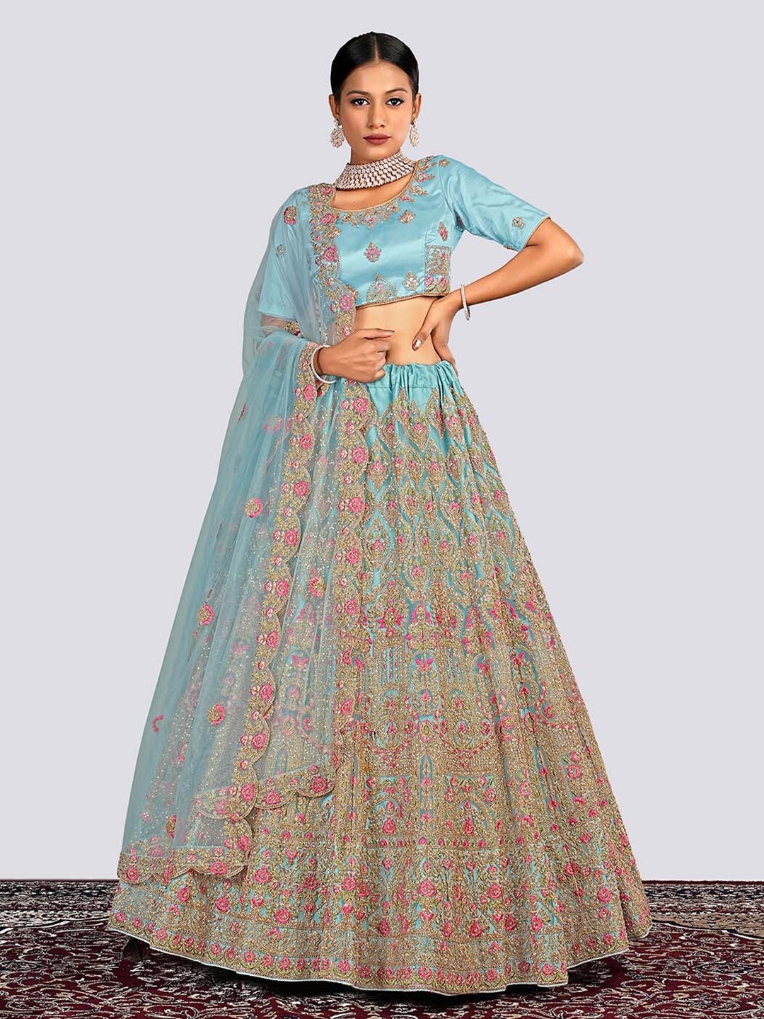 

HALFSAREE STUDIO Embroidered Net Semi-Stitched Lehenga & Unstitched Blouse With Dupatta, Sea green