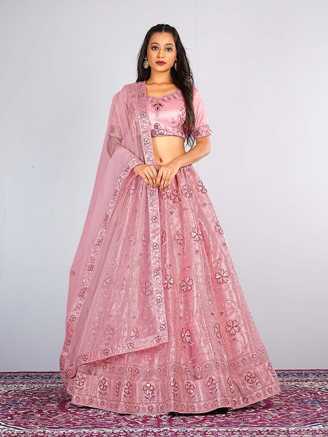 

HALFSAREE STUDIO Floral Embroidered Net Semi-Stitched Lehenga & Blouse With Dupatta, Peach