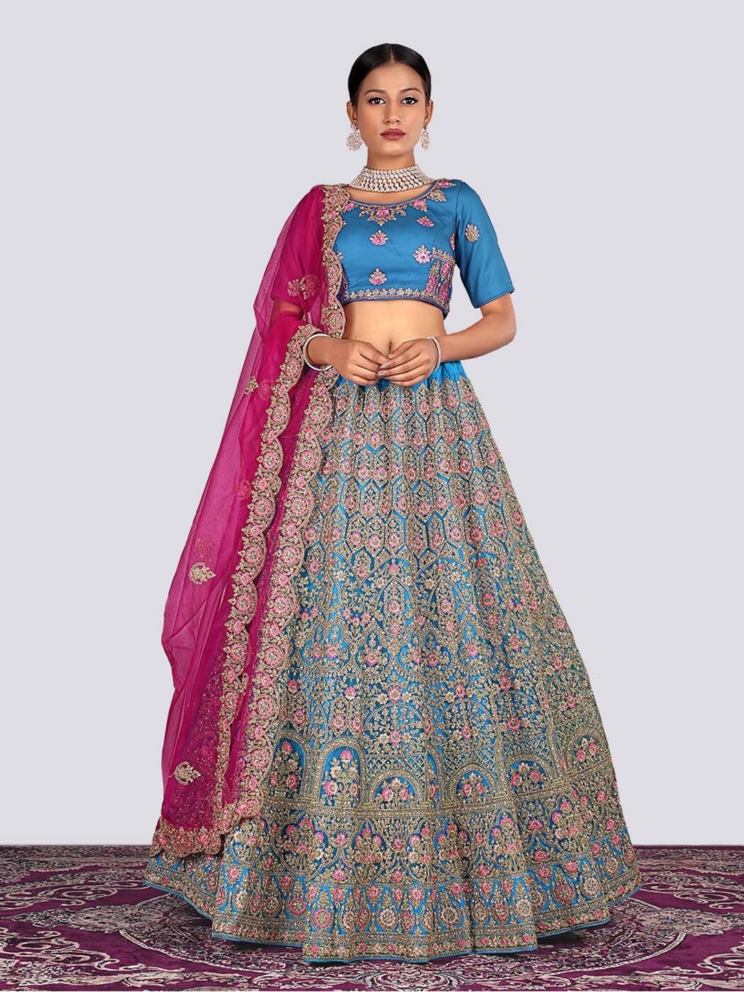 

HALFSAREE STUDIO Embroidered Net Semi-Stitched Lehenga & Unstitched Blouse With Dupatta, Blue