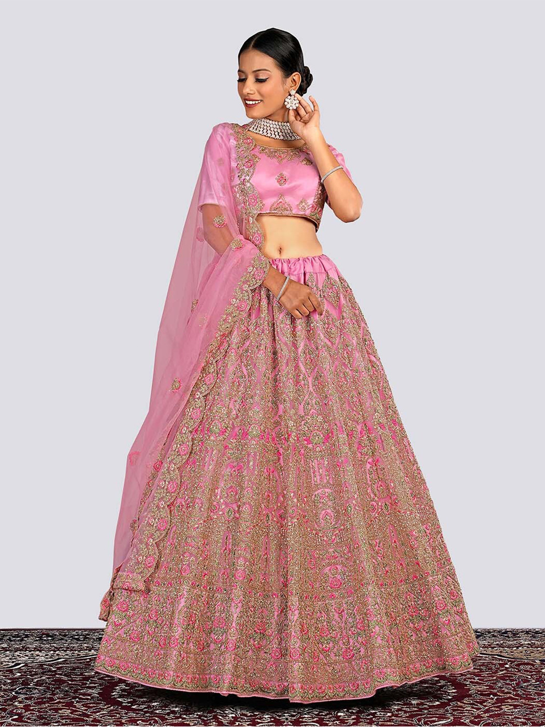 

HALFSAREE STUDIO Ethnic Motif Embroidered Net Semi-Stitched Lehenga & Blouse With Dupatta, Pink