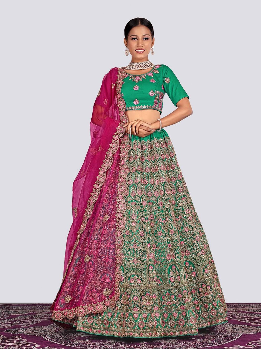 

HALFSAREE STUDIO Ethnic Motif Embroidered Net Semi-Stitched Lehenga & Blouse With Dupatta, Green