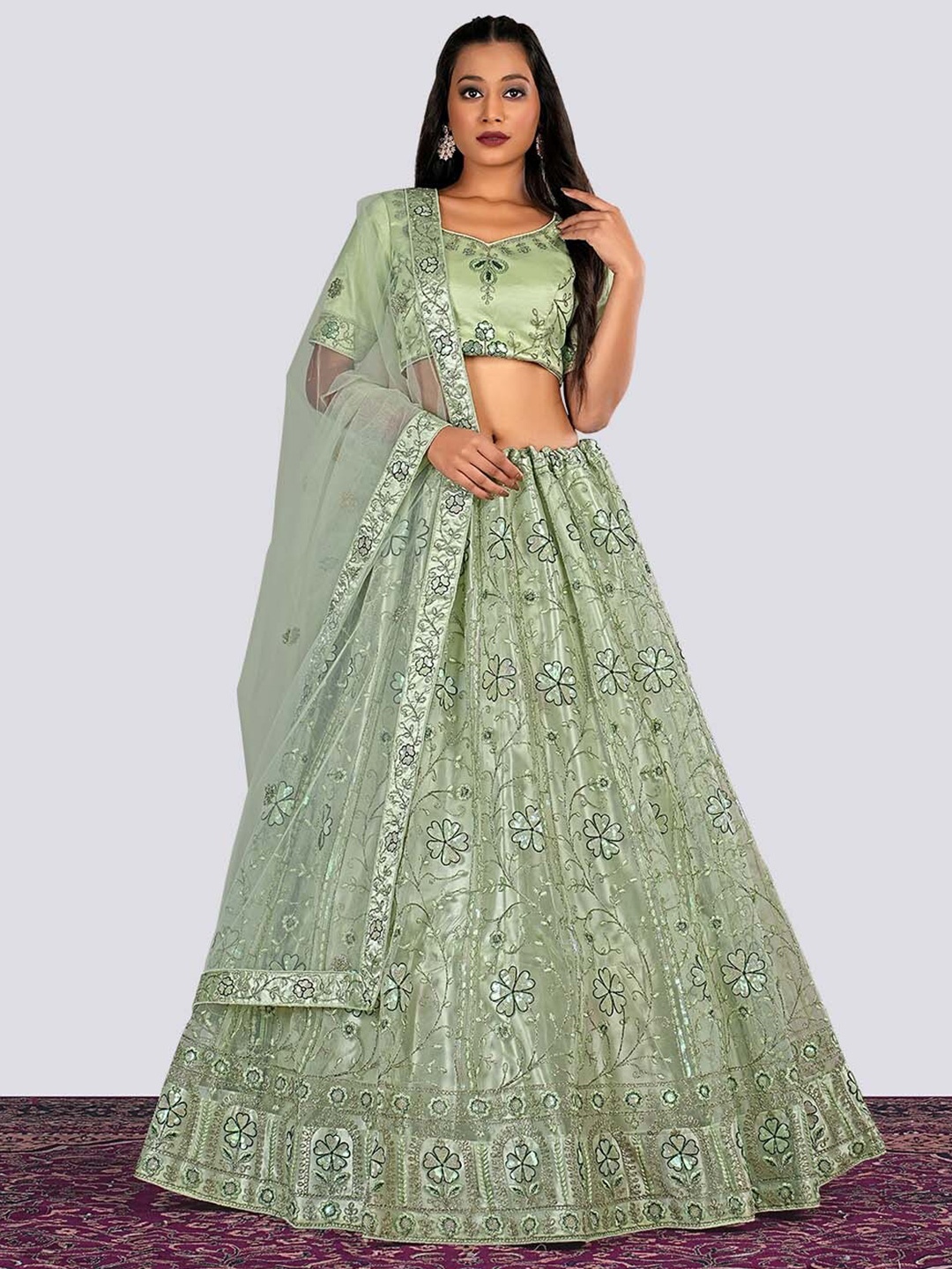 

HALFSAREE STUDIO Floral Embroidered Net Semi-Stitched Lehenga & Blouse With Dupatta, Green