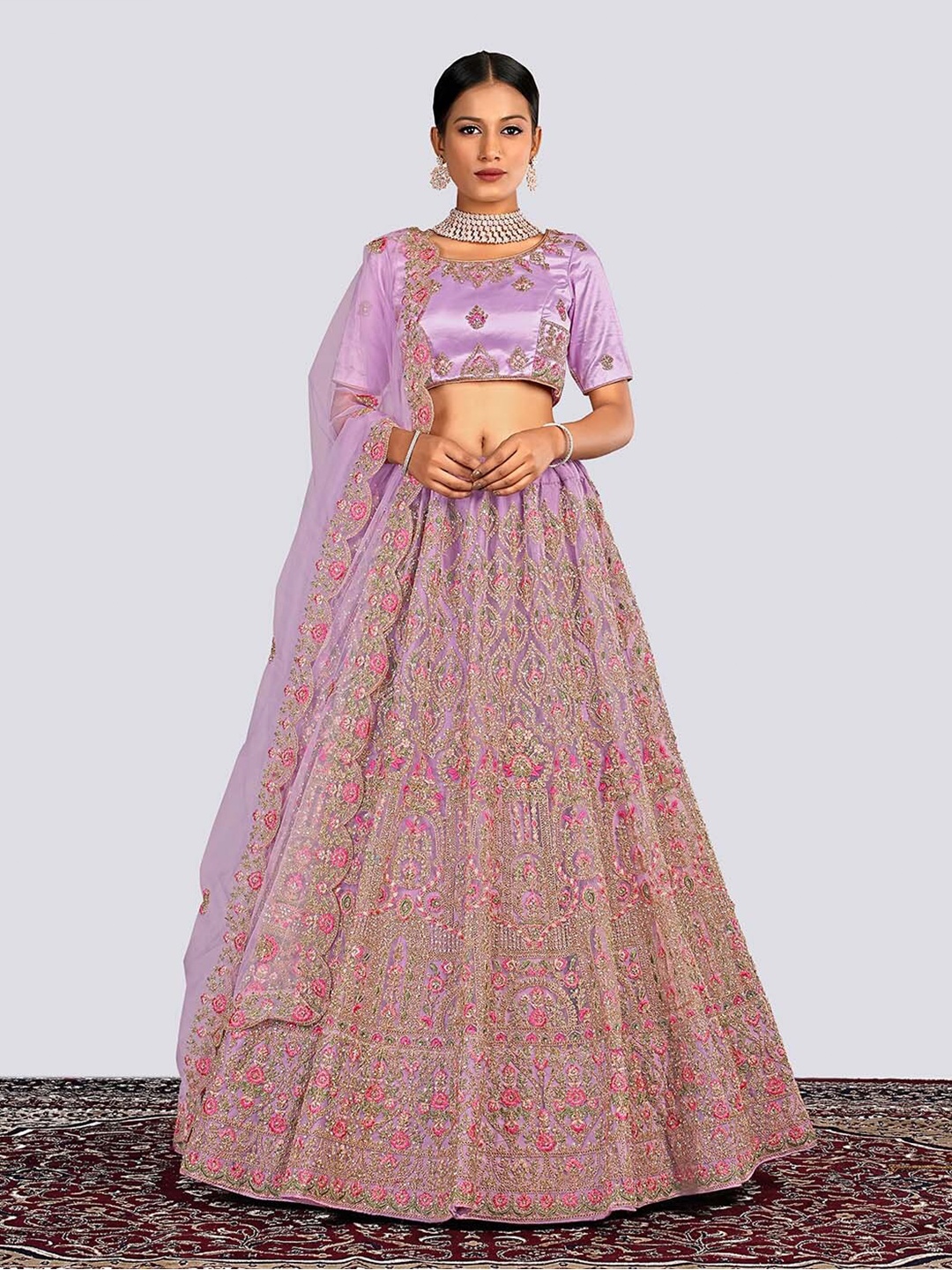 

HALFSAREE STUDIO Embroidered Net Semi-Stitched Lehenga & Unstitched Blouse With Dupatta, Purple