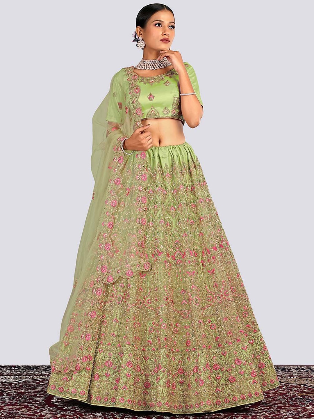 

HALFSAREE STUDIO Ethnic Motif Embroidered Net Semi-Stitched Lehenga & Blouse With Dupatta, Green