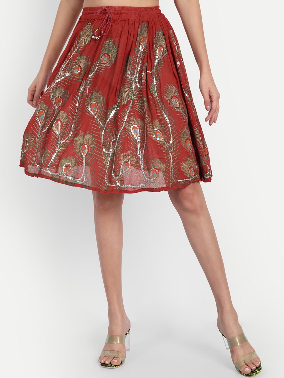 

Indiankala4u Ethnic Motif Printed Sequined Flared Skirt, Red