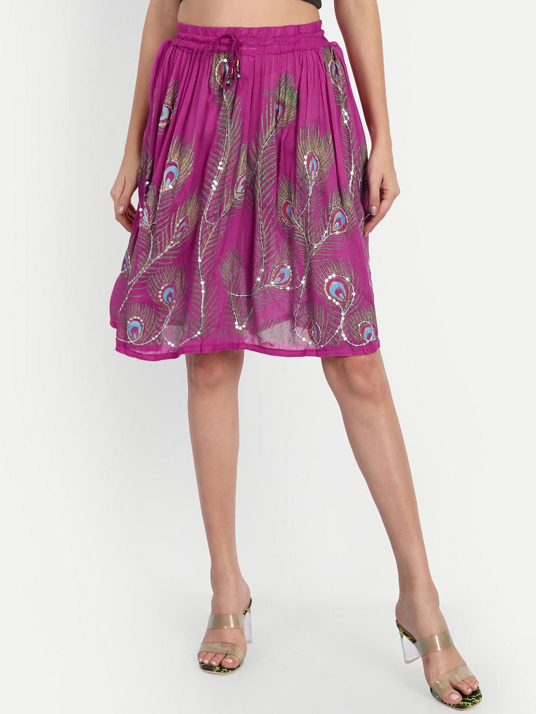 

Indiankala4u Floral Embellished Above Knee Length Flared Skirt, Magenta