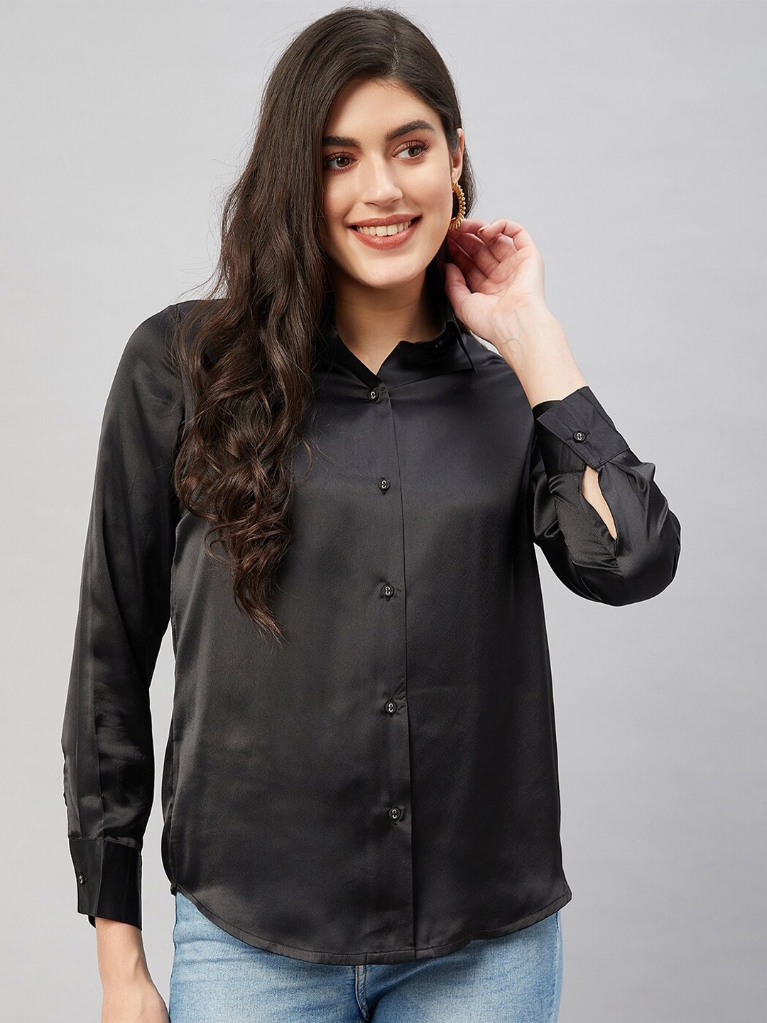

Orchid Blues Spread Collar Satin Casual Shirt, Black