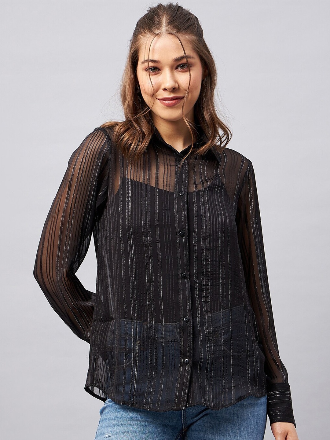 

Orchid Blues Striped Sheer Casual Shirt, Black