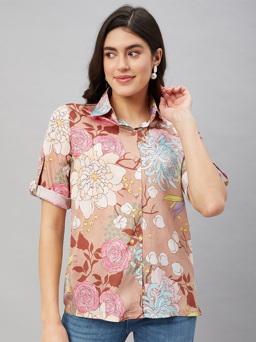 

Orchid Blues Floral Printed Roll-Up Sleeves Casual Shirt, Beige