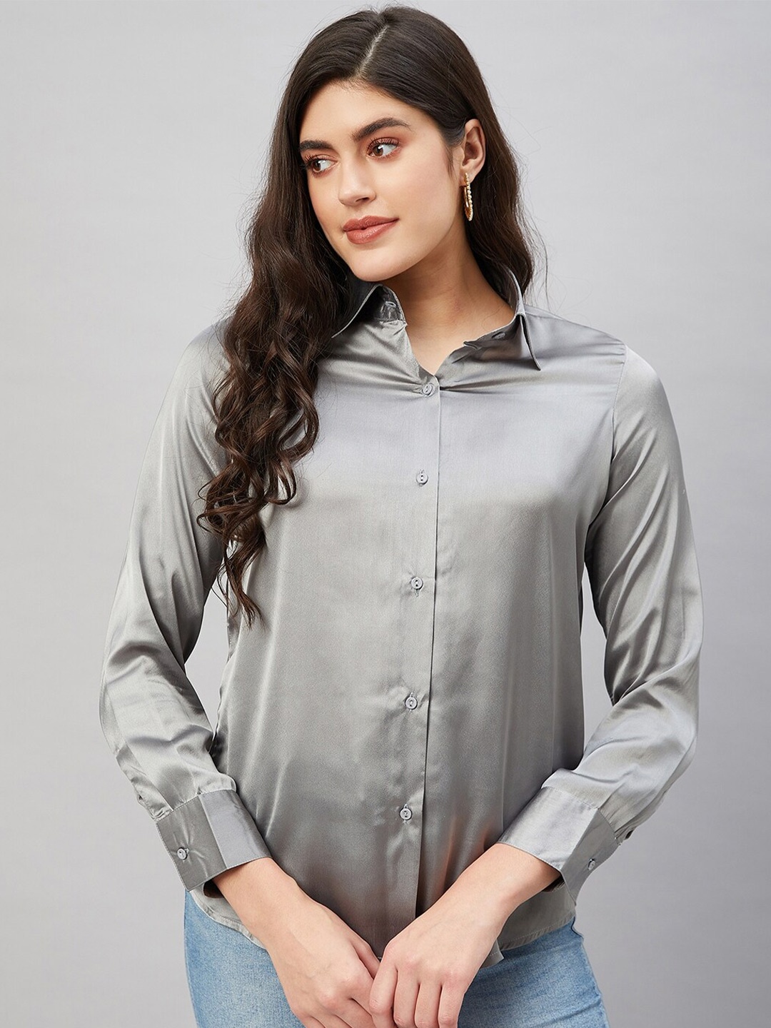 

Orchid Blues Long Sleeves Satin Casual Shirt, Grey