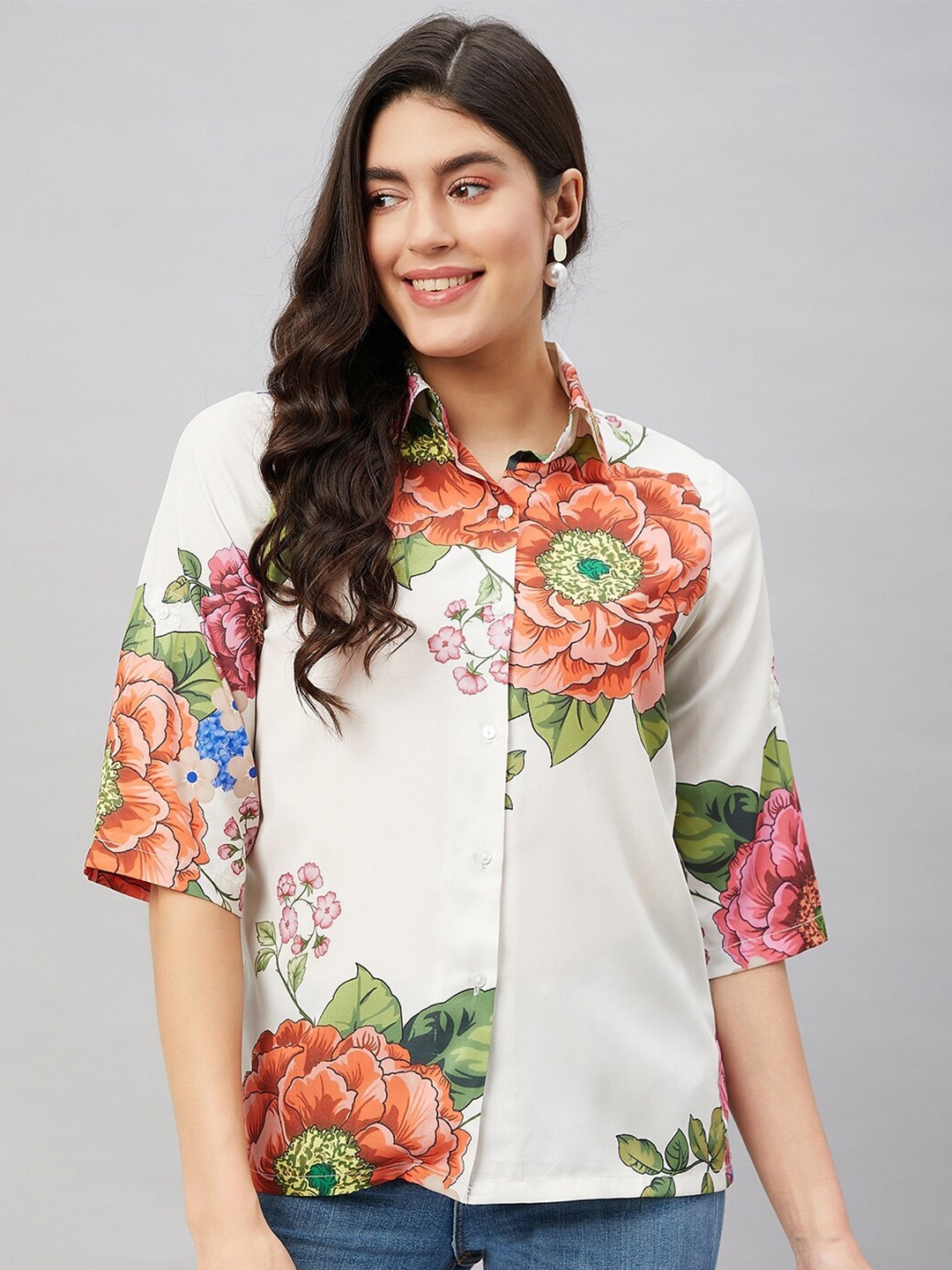 

Orchid Blues Floral Printed Casual Shirt, White