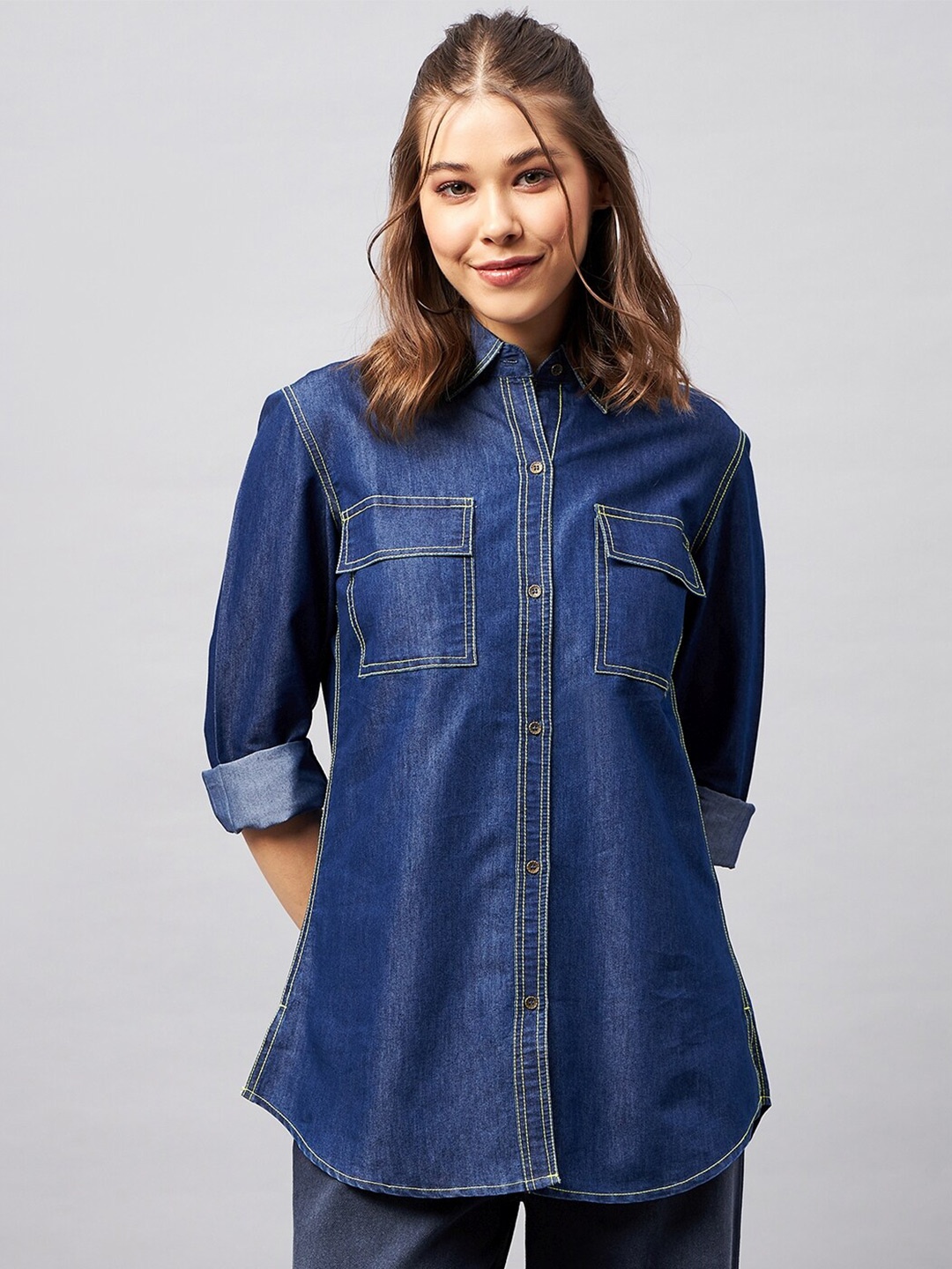 

Orchid Blues Long Sleeves Contrast Stich Denim Shirt, Blue