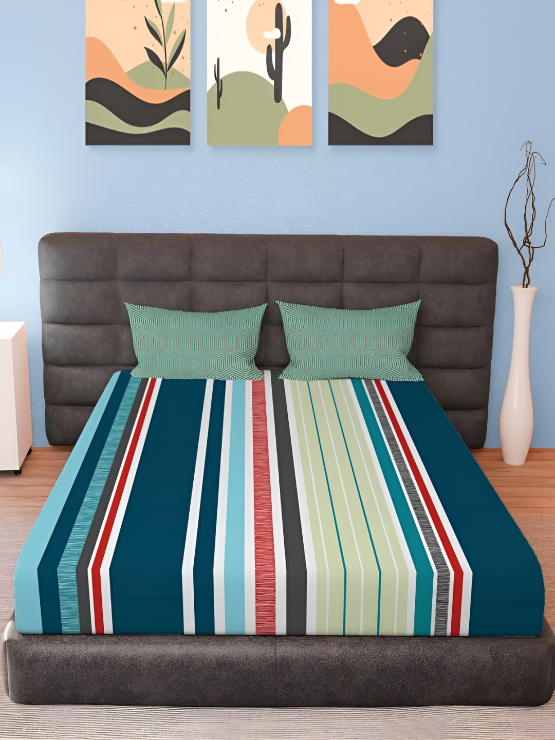 

MAYFAIR HOMES LONDON Teal & White Striped Cotton 210 TC Queen Bedsheet Set