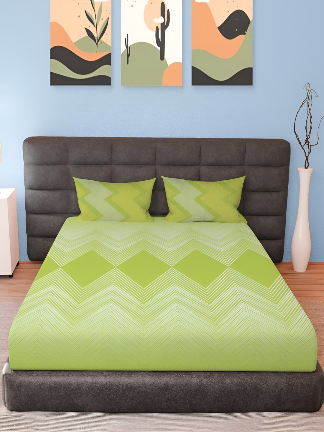 

MAYFAIR HOMES LONDON Green & White Geometric Cotton 210 TC King Bedsheet Set