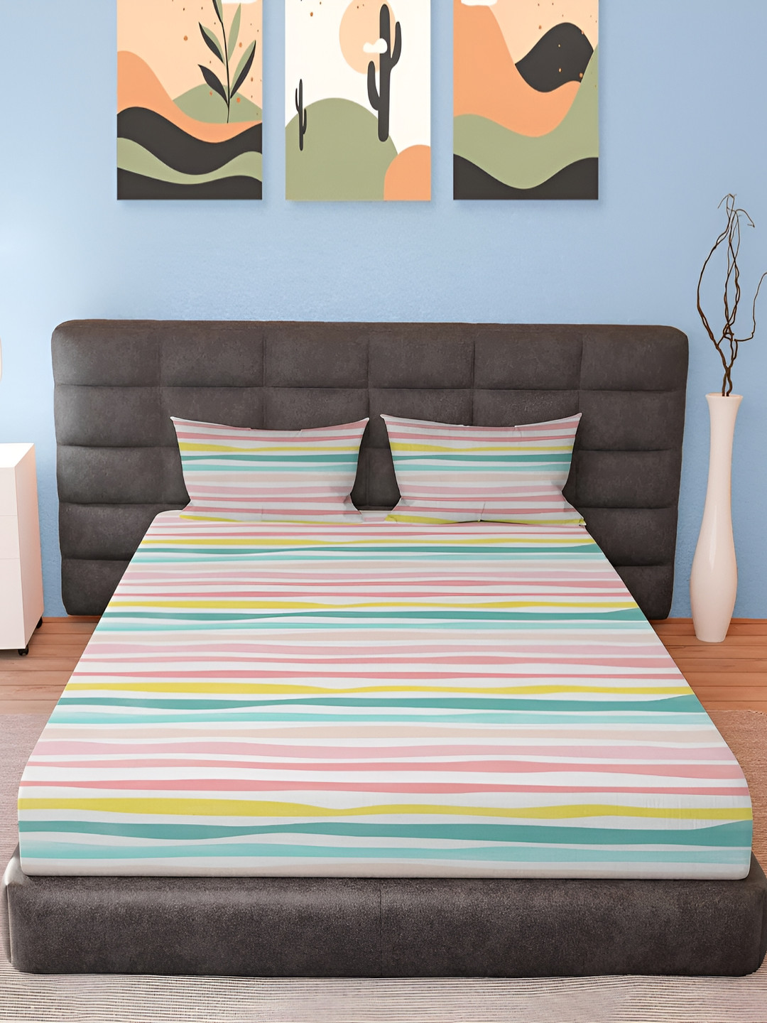 

MAYFAIR HOMES LONDON Pink & Blue Striped Cotton 210 TC Queen Bedsheet Set