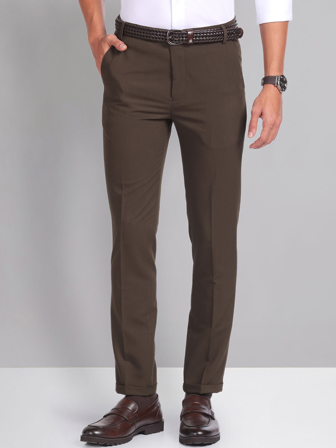 

AD By Arvind Men Slim Fit Twill Formal Trousers, Brown