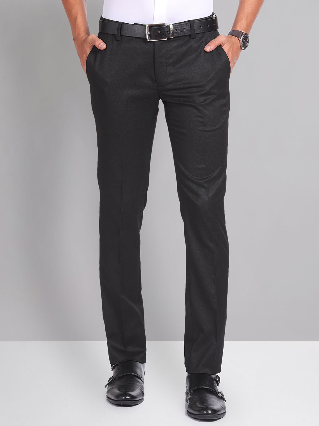 

AD By Arvind Men Mid-Rise Slim Fit Formal Trousers, Black