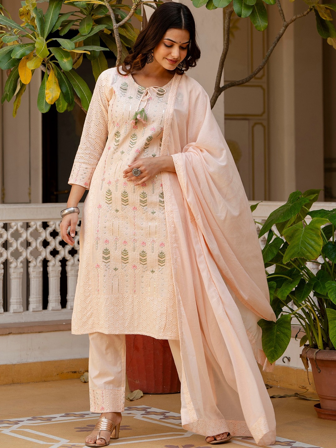 

OMASK Floral Embroidered Tie-Up Neck Thread Work Pure Cotton Kurta With Trousers & Dupatta, Cream