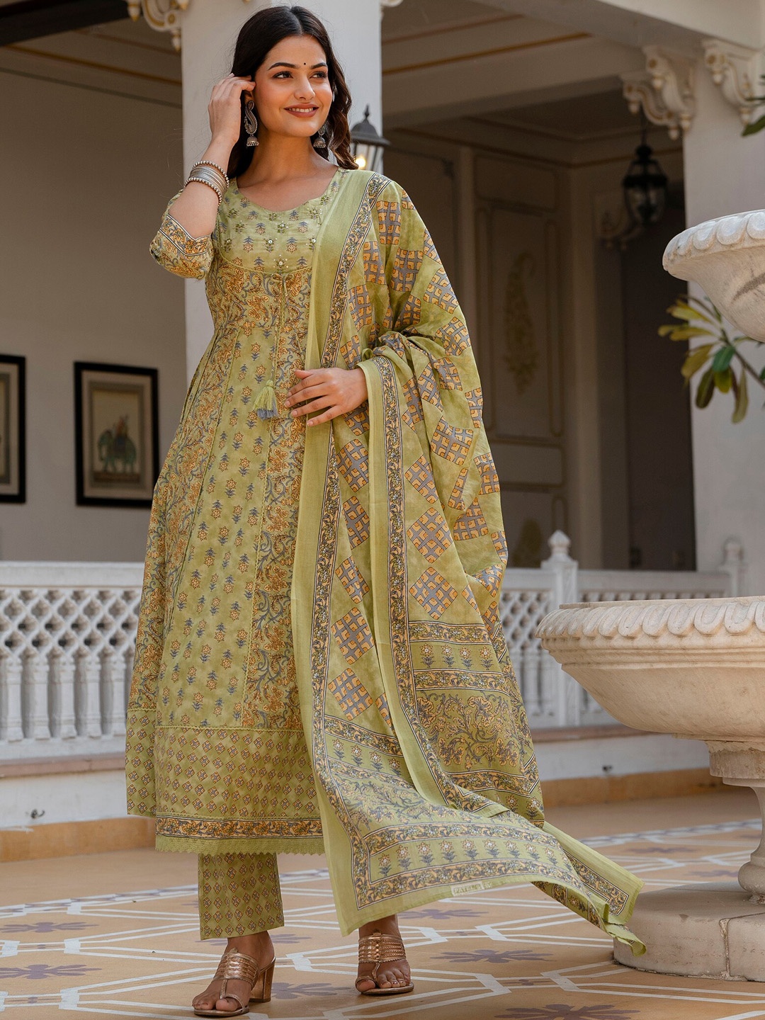 

OMASK Floral Printed Panelled Aari Work Pure Cotton Anarkali Kurta With Pyjamas & Dupatta, Green