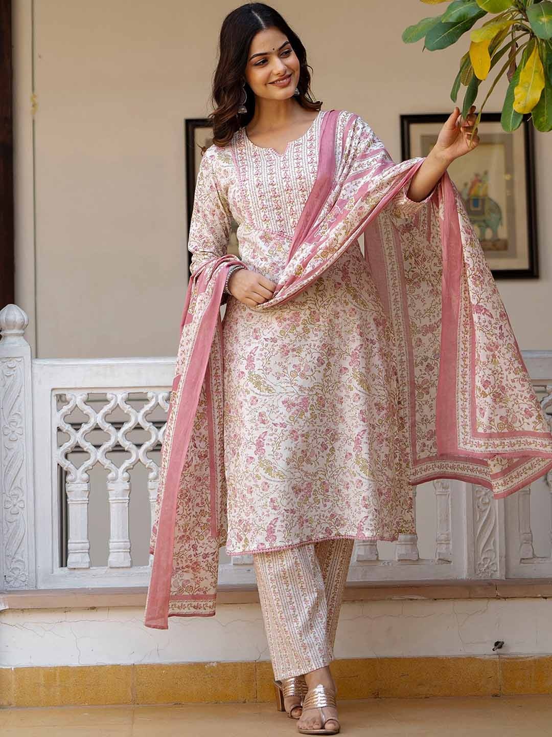 

OMASK Floral Yoke Design Aari Work Pure Cotton Kurta with Trousers & With Dupatta, White
