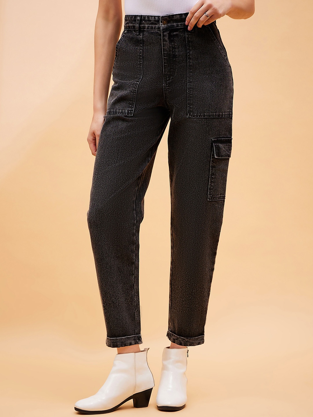 

SASSAFRAS BASICS Women Carrot Acid Wash Mid Rise Mom Fit Denim Cargo, Black