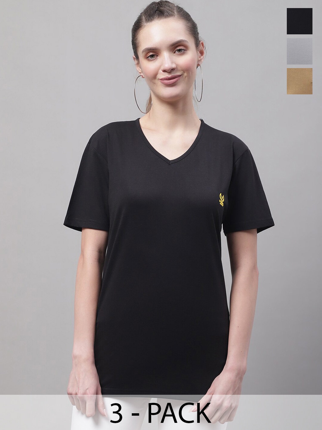 

MACK JONNEY Pack Of 3 V Neck Cotton Regular T Shirts, Black