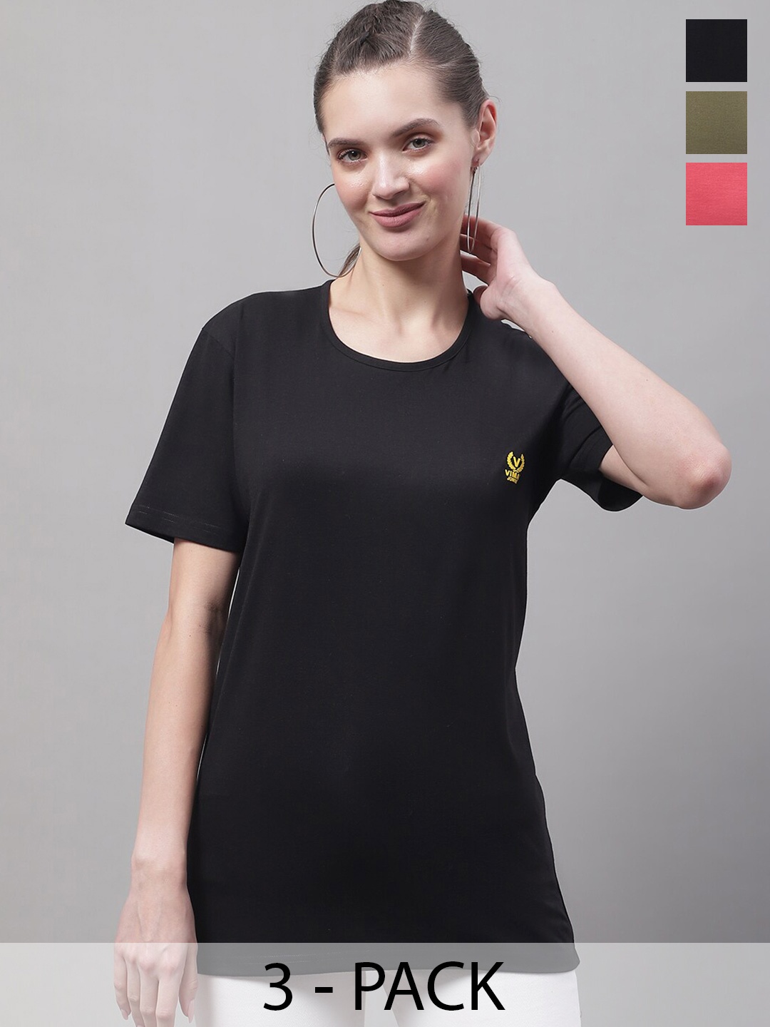 

VIMAL JONNEY Pack Of 3 Round Neck Cotton Regular T Shirts, Black