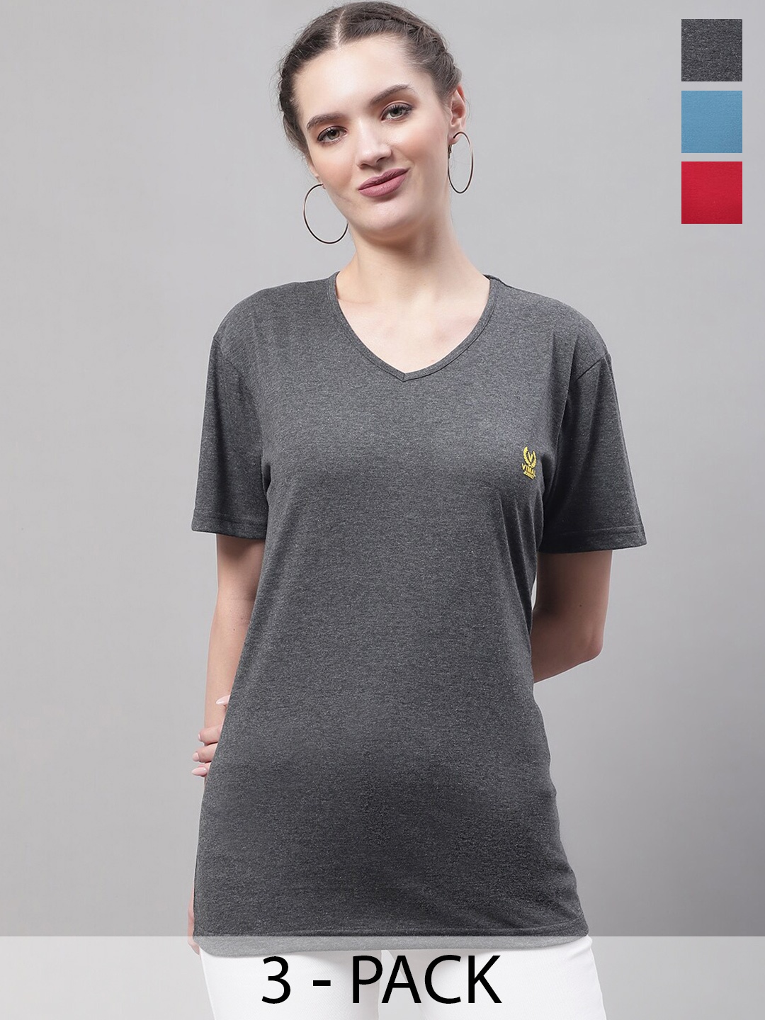 

MACK JONNEY Pack Of 3 V Neck Cotton Regular T Shirts, Grey