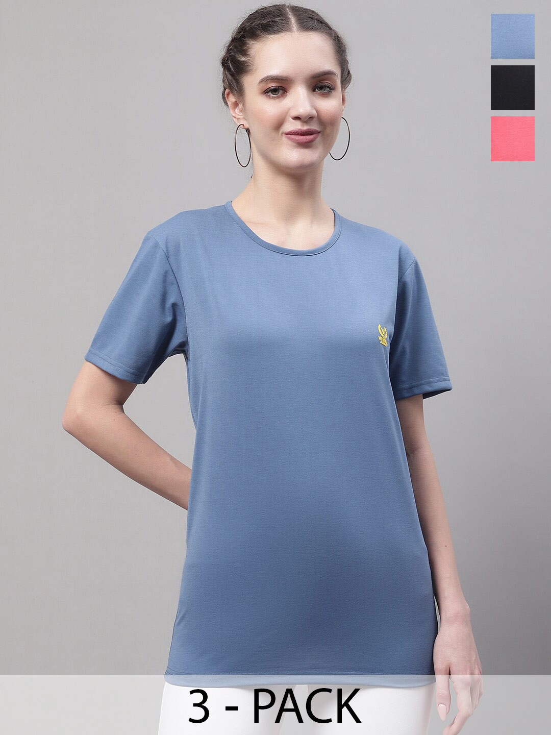 

VIMAL JONNEY Pack Of 3 Round Neck Cotton Regular T Shirts, Blue