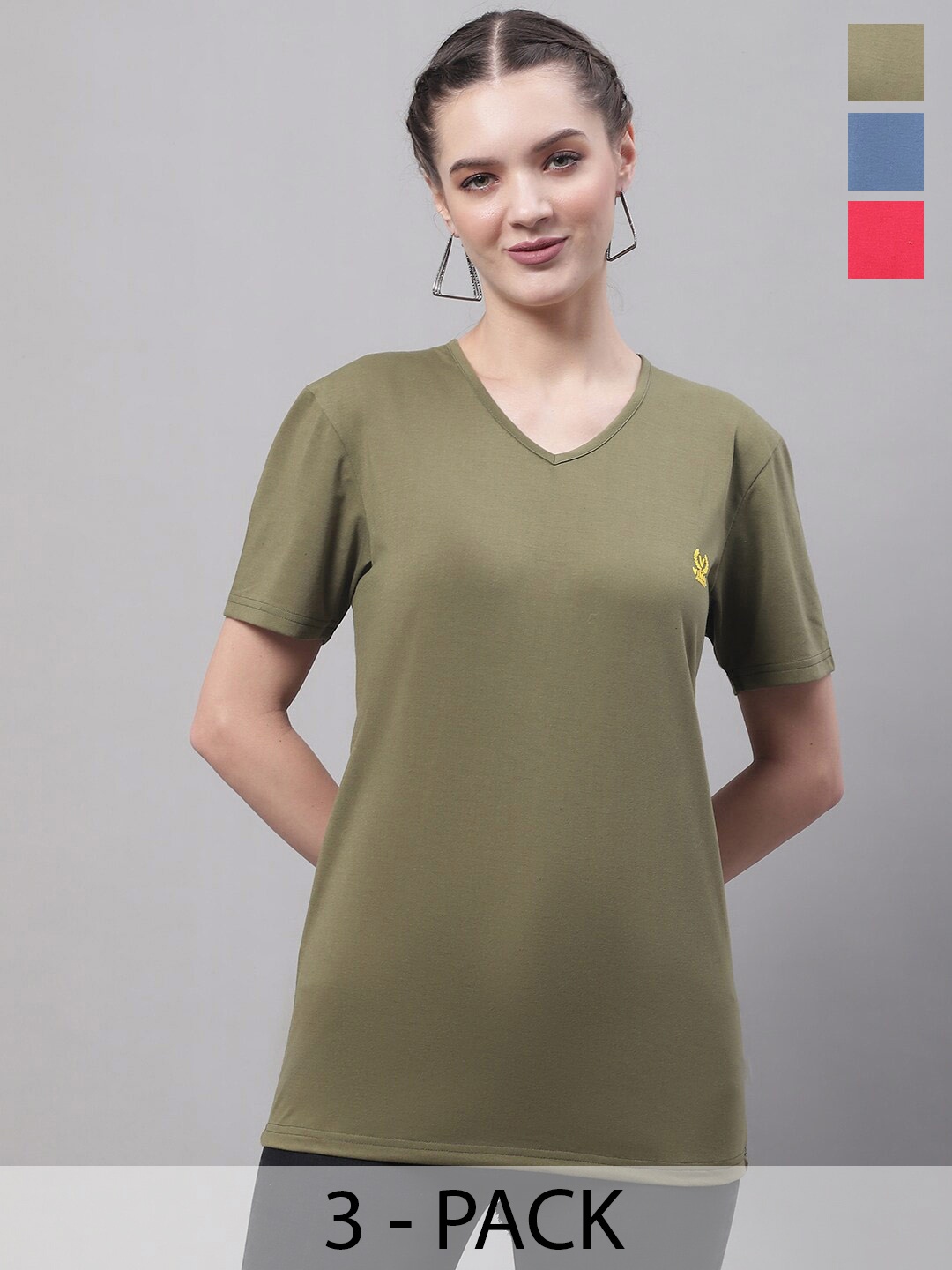 

VIMAL JONNEY Pack Of 3 V Neck Cotton Regular T Shirts, Green