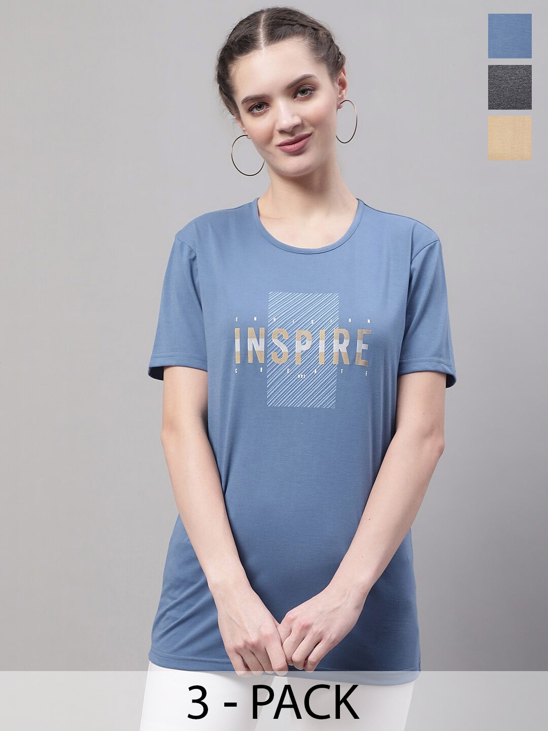 

MACK JONNEY Pack of 3 Typography Printed Cotton T-shirts, Blue