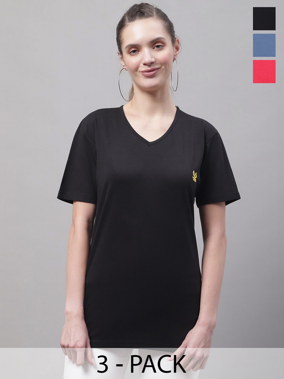 

VIMAL JONNEY Pack Of 3 V-Neck Short Sleeves Cotton Regular T-shirt, Black