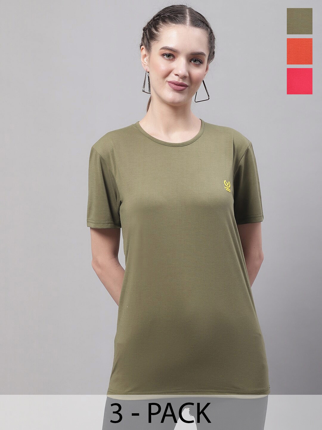 

VIMAL JONNEY Pack Of 3 Round Neck Short Sleeves Cotton Regular T-shirt, Olive